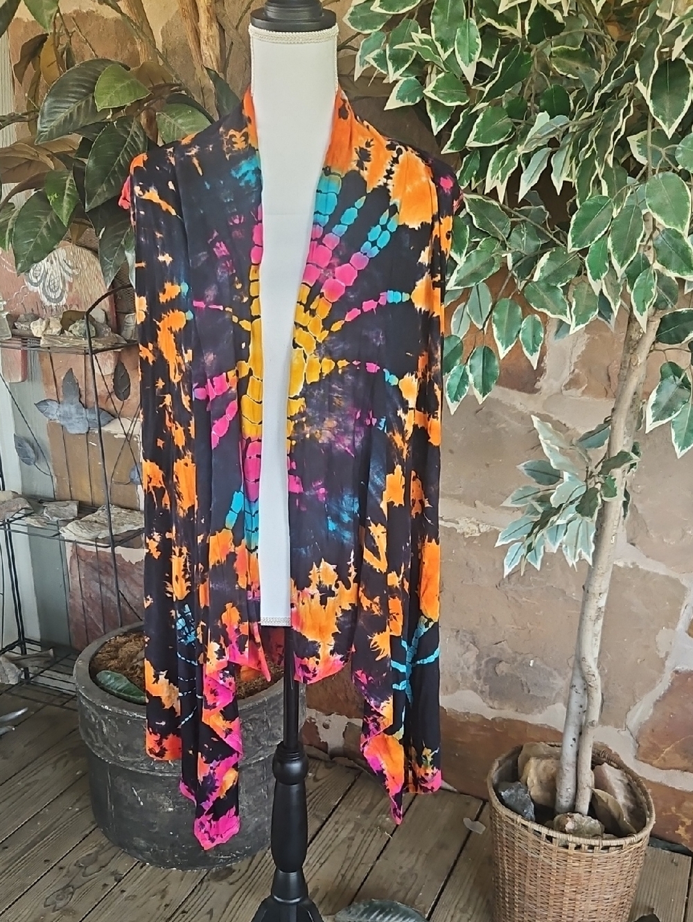 Tie-Dye Open Front Sleeveless Women's Vest - Black with Orange, Pink & Teal